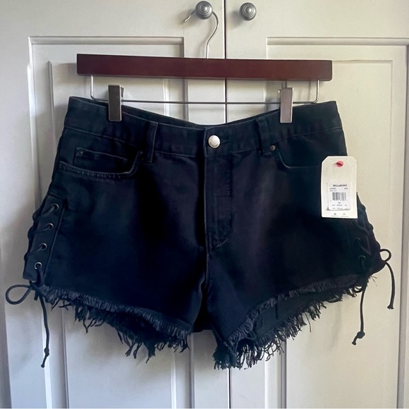 Billabong Tide Out Denim Short Raw Edge Hem and Side Lace Up Detail Black NWT - Picture 4 of 12
